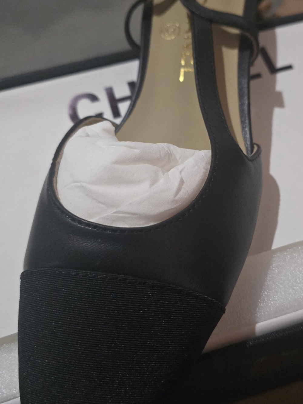 CHANEL Black T-Strap Pump with Textured Cap Toe